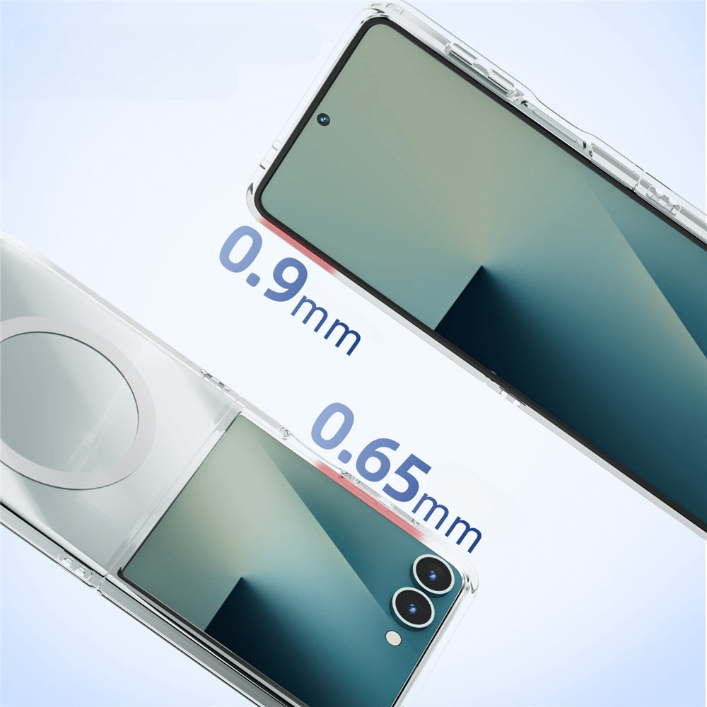 Zwei Smartphones in der ABEEL Galaxy Z Flip7 Acryl-Handyhülle mit MagSafe und 360°-Schutz; Stärken von 0,9mm und 0,65mm zeigen das schlanke, schützende Design der Hülle.