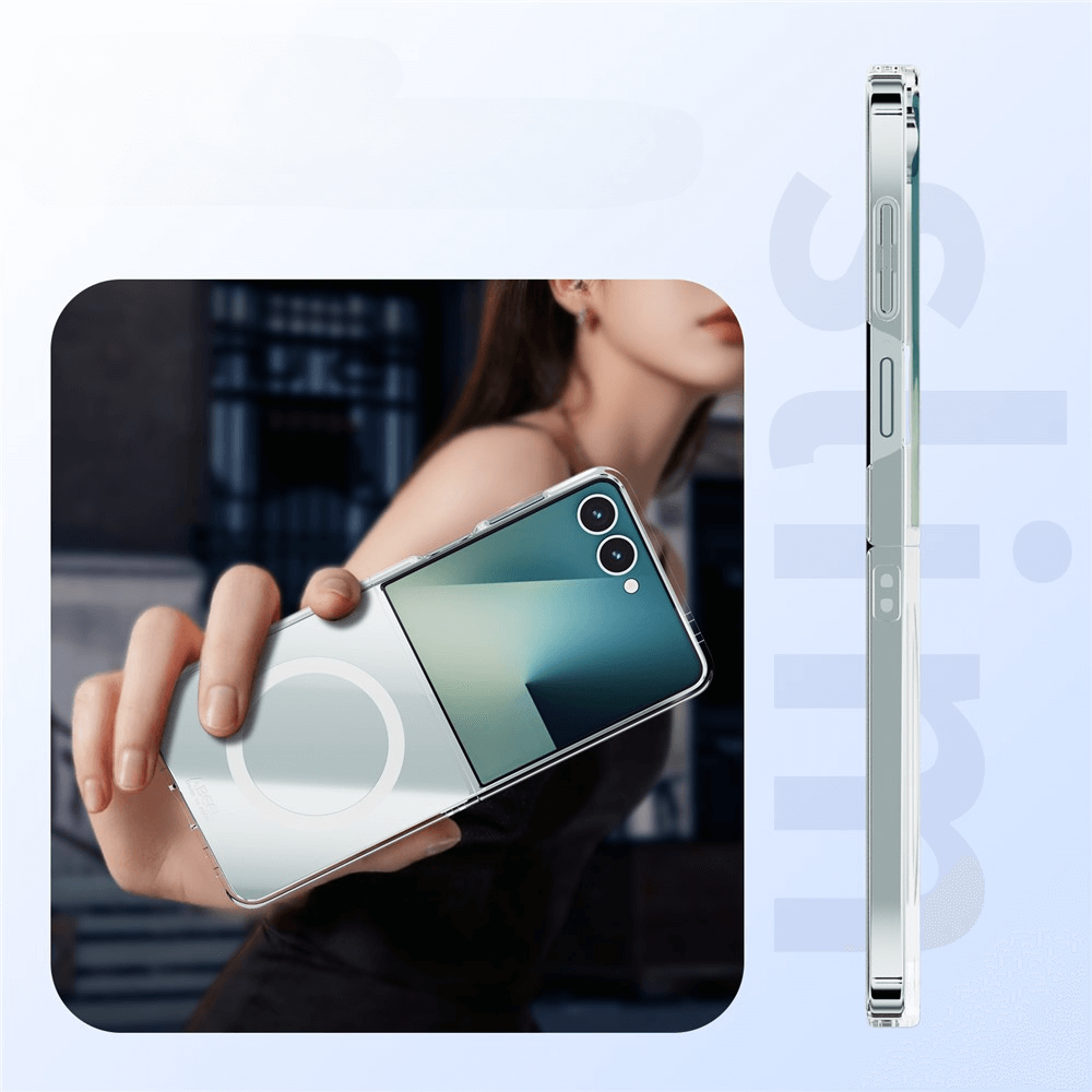 Eine Frau hält ein schlankes, faltbares Galaxy Z Flip7 mit zwei Kameras; im Seitenprofil ist die ABEEL Acryl-Handyhülle mit MagSafe zu sehen, die einen 360-Grad-Schutz bietet.