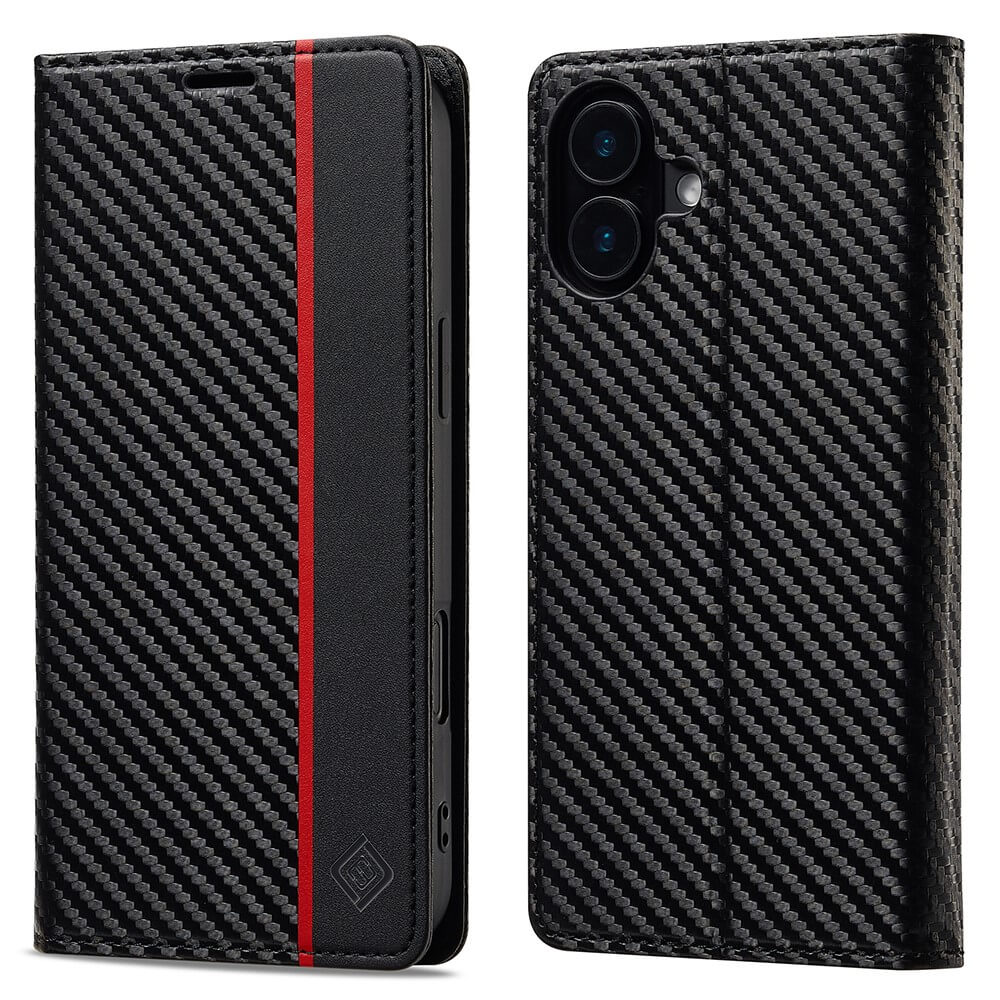 Schwarze Smartphone-Hülle mit Kohlefaserstruktur, rotem Streifen und präzisen Aussparungen für Kamera und Blitz.
