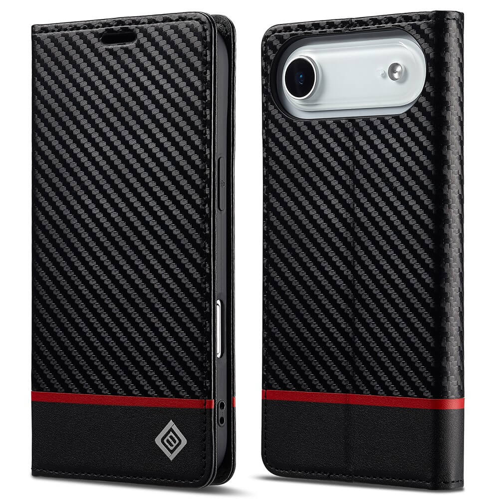 Schwarze Smartphone-Hülle mit Diagonal-Karbonfaserstruktur, rotem Streifen und B-Logo, Vorder- und Rückseite gezeigt.
