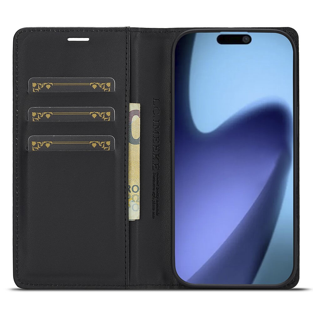 Elegantes schwarzes Leder-Wallet-Case mit drei Kartenfächern, Geldschein und modernem Smartphone mit abstraktem Bildschirm.