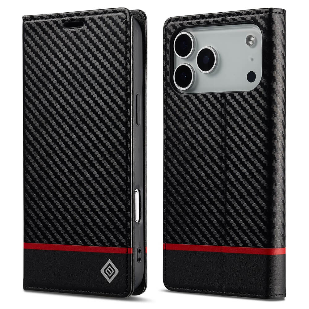 Die LC.IMEEKE Hülle Carbon Fiber für das iPhone 17 Pro hat ein elegantes schwarzes Design mit einem roten Streifen und einem quadratischen Logo, das auf der Vorder- und Rückseite abgebildet ist, und kombiniert Stil und Schutz für Ihr Gerät.