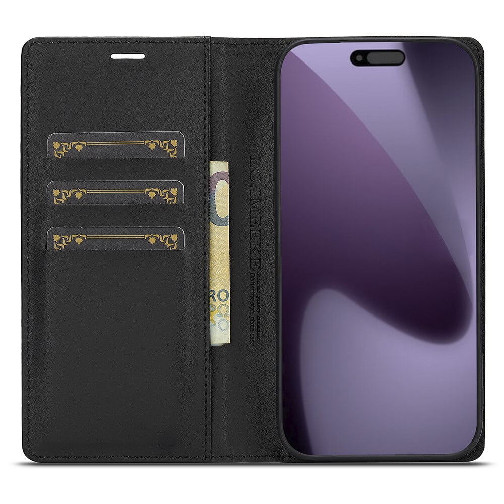 Schwarzes LC.IMEEKE Leder-Wallet-Case mit drei Kartenfächern, Geldfach und Smartphone mit reflektierendem Bildschirm.