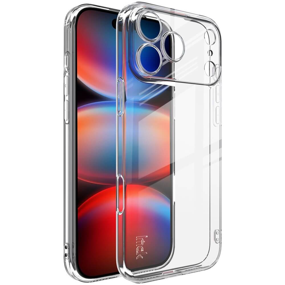 Moderner Smartphone-Bildschirm mit farbenfrohen Kreisen und transparenter Handyhülle mit Kamera- und Tastenöffnungen.