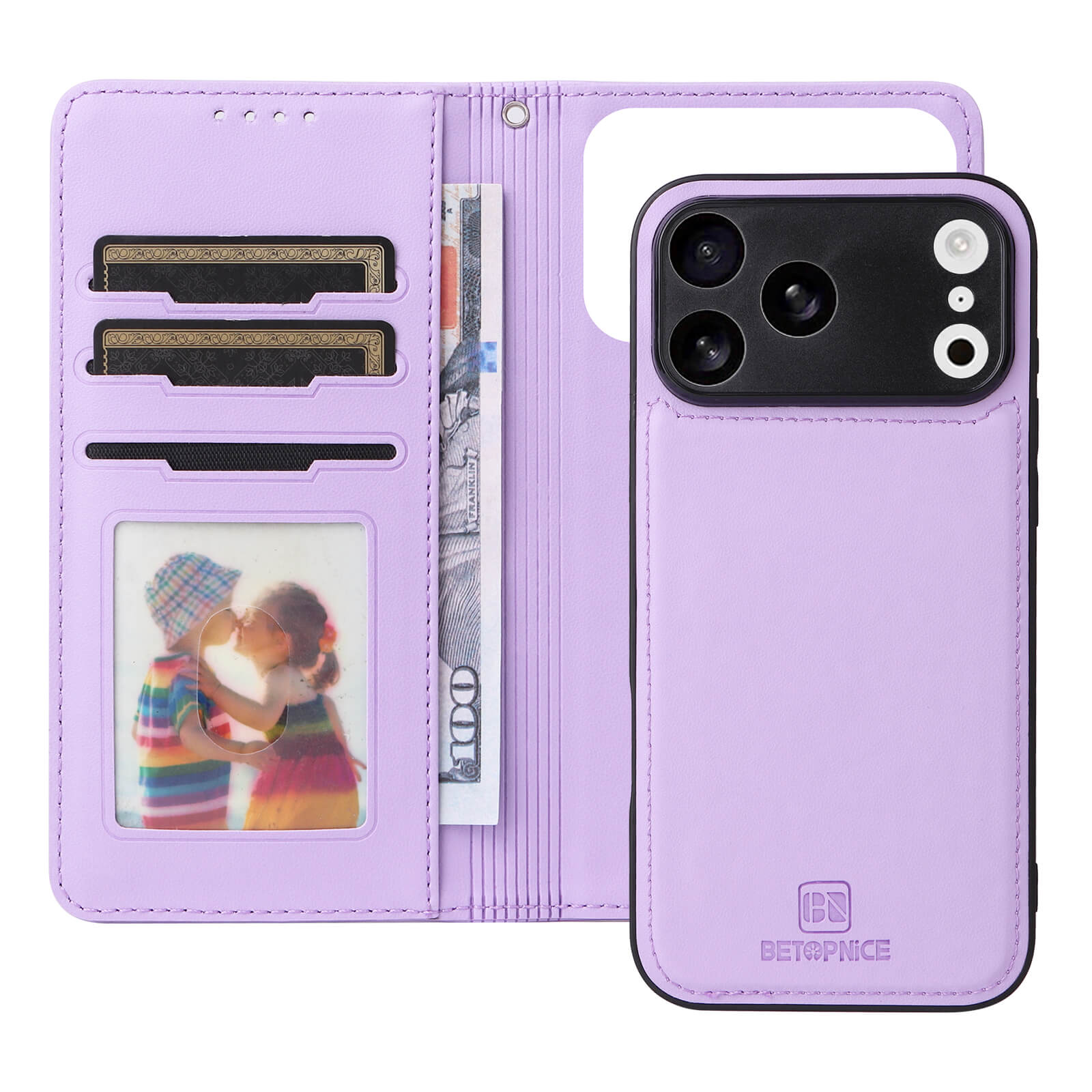 #farbe_lila|Lavendelfarbene Echtleder-Brieftaschenhülle mit Smartphone, Kartenfächern, Fotosichtfenster und BETOPNICE-Logo.