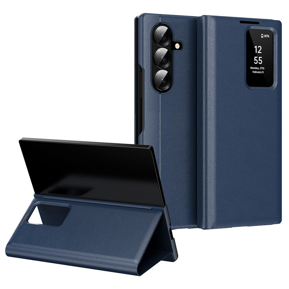 #farbe_blau|Zwei blaue Galaxy Z Fold7 Smart Covers von Cover-Discount: eines mit Standfuß, das andere mit Window View für schnelle Blicke, die Schutz und Komfort bieten.