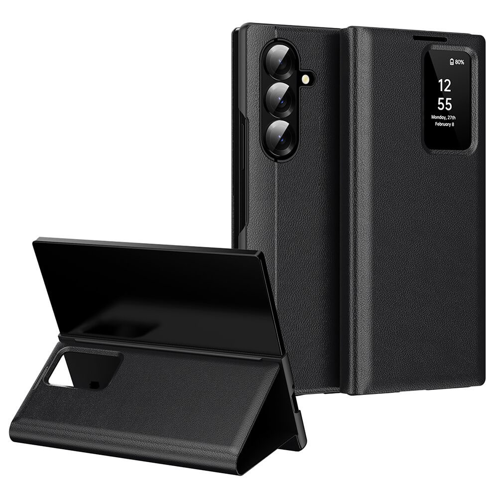 Zwei schwarze Cover-Discount Galaxy Z Fold7 Smart Cover Window View Hüllen: eine aufgeklappt als Ständer, die andere zeigt das Telefon mit seinem Fensterdisplay.