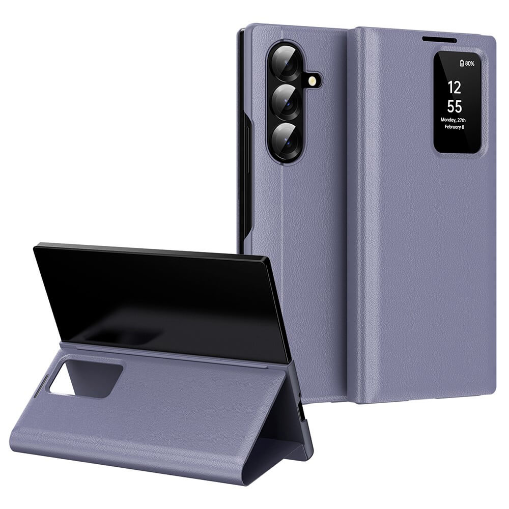 Das Cover-Discount Galaxy Z Fold7 - Smart Cover Window View verfügt über ein lilafarbenes Flip-Cover-Design mit einem Sichtfenster und Standfuß, das sowohl offen als auch geschlossen gezeigt wird.