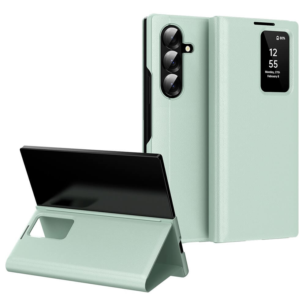 Hellgrünes Galaxy Z Fold7 Smart Cover Window View von Cover-Discount, mit Sichtfenster und Standfunktion, sowohl geschlossen als auch geöffnet dargestellt.