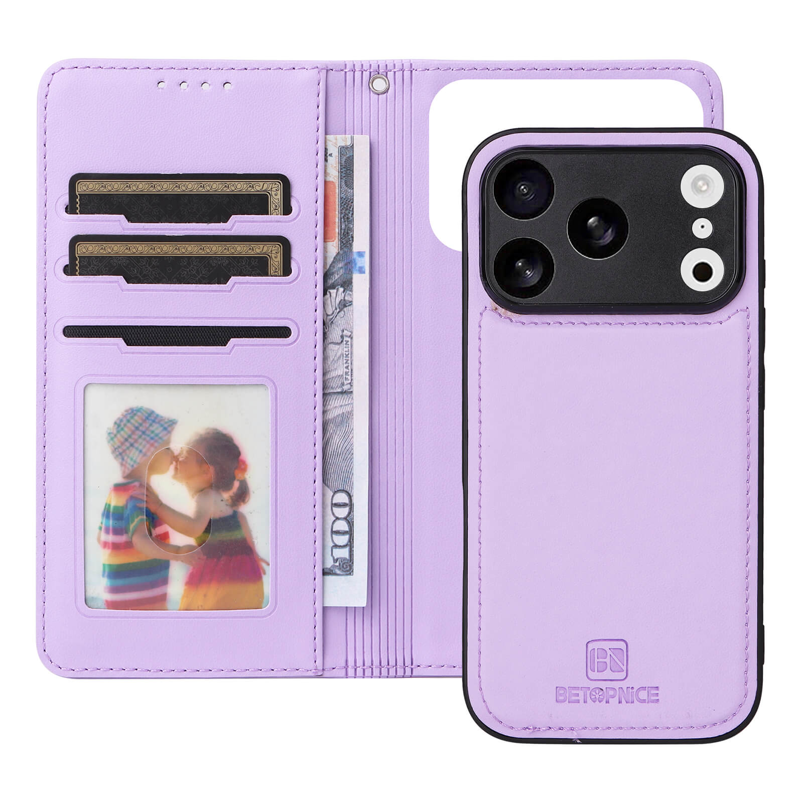 #farbe_lila|Lavendelfarbene BETOPNICE Leder-Handytasche mit Kartenfächern, Fotofenster, Geldschein und Smartphone