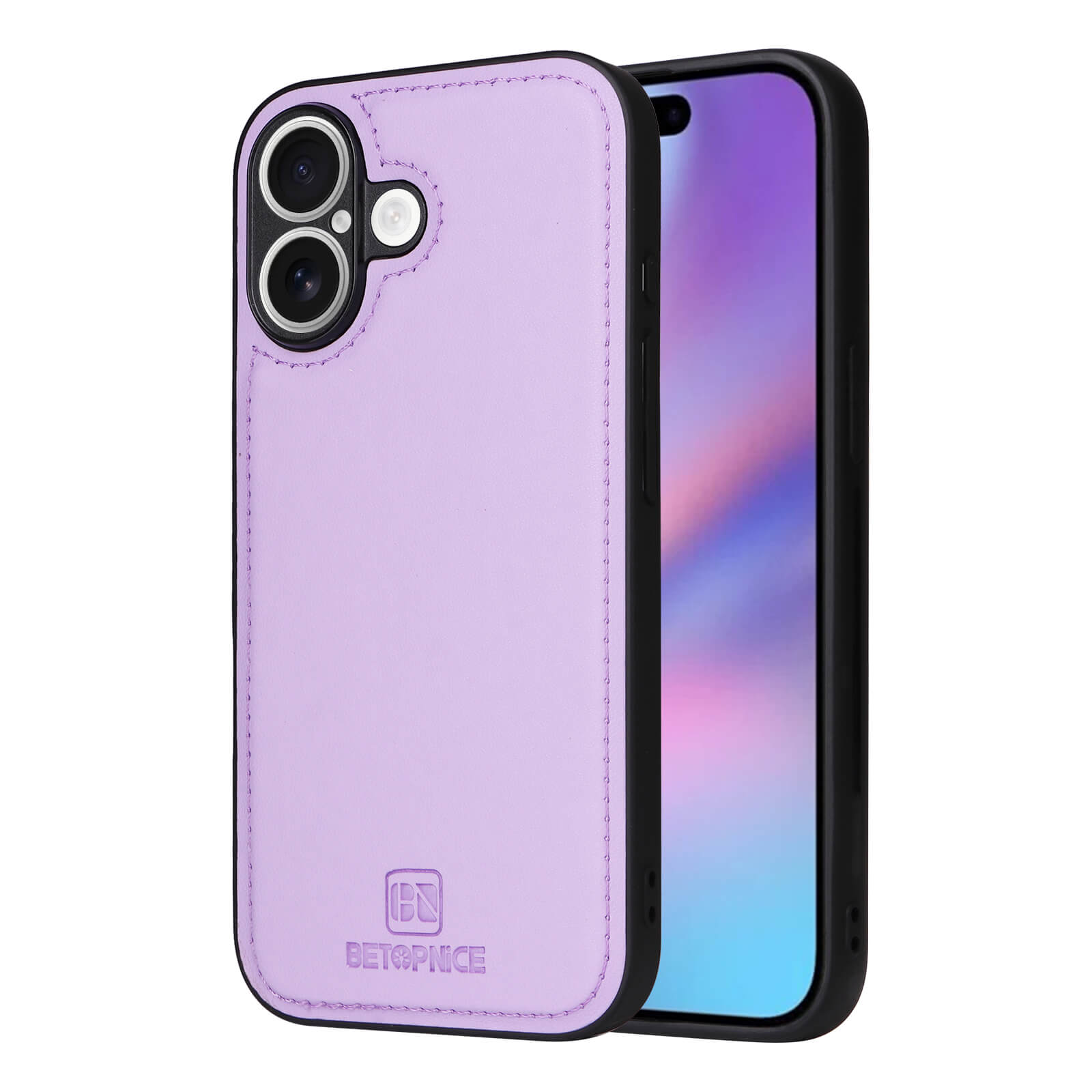 Smartphone mit lila Lederhülle von BETOPNICE, gesteppt, mit Markenlogo, Dual-Kamera und Farbverlauf-Display
