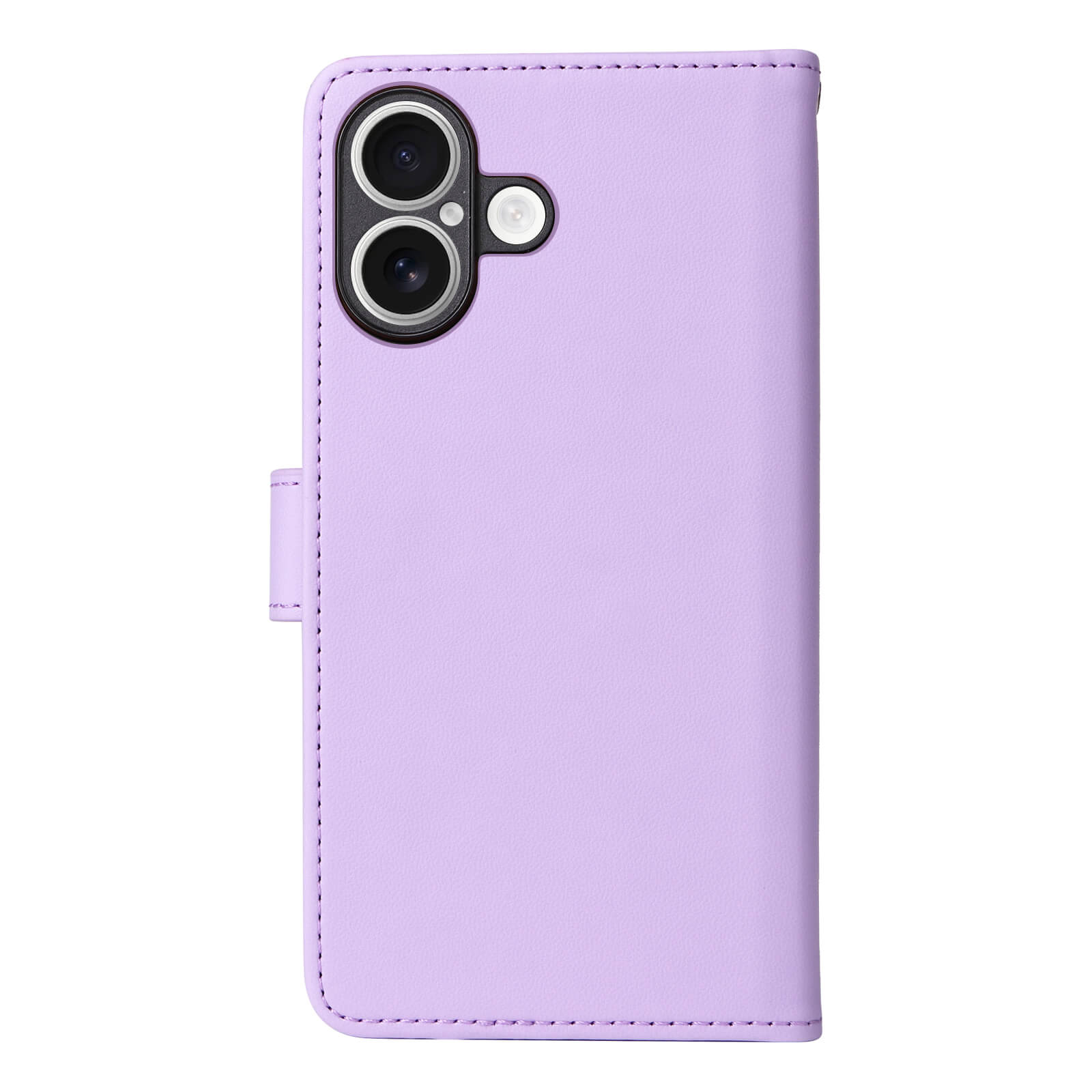 Elegante hellviolette Leder-Handyhülle mit Aussparungen für zwei Kameralinsen und Blitz, Rückansicht