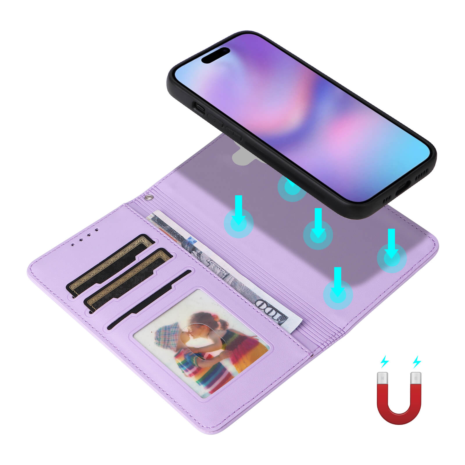 Lavendelfarbene Handyhülle im Wallet-Stil mit Karten- und Geldscheinfächern, magnetische Verbindungspunkte sichtbar.