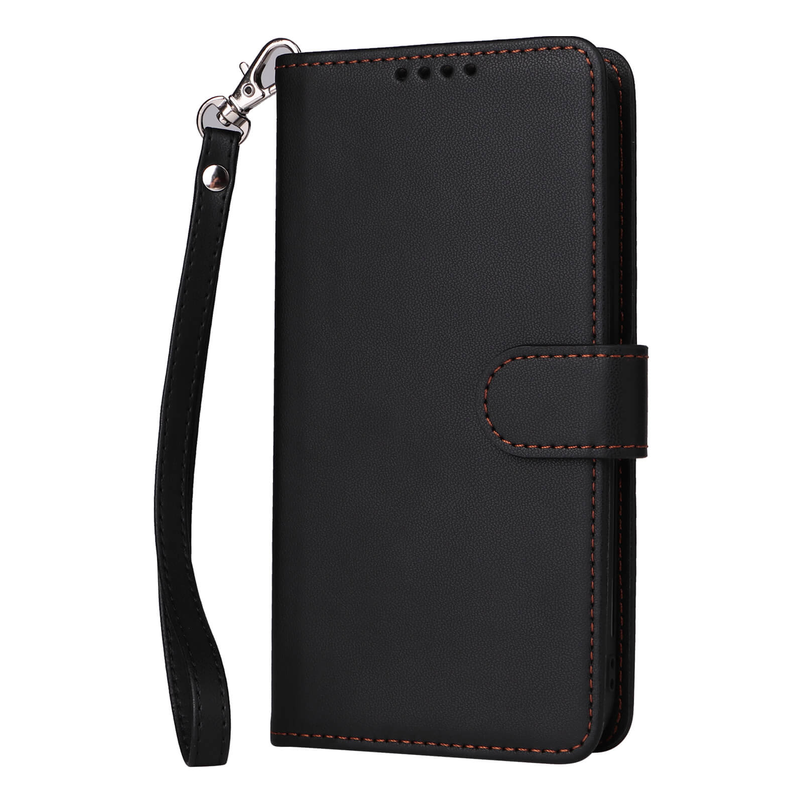 Cover-Discount iPhone 17 - Teilbare Brieftasche 2-in-1 Handyhülle: Schwarzes Leder, mit Handgelenkschlaufe, magnetischem Verschluss und braunen Nähten - praktische Brieftaschen-Handyhülle & magnetisches Cover in einem.