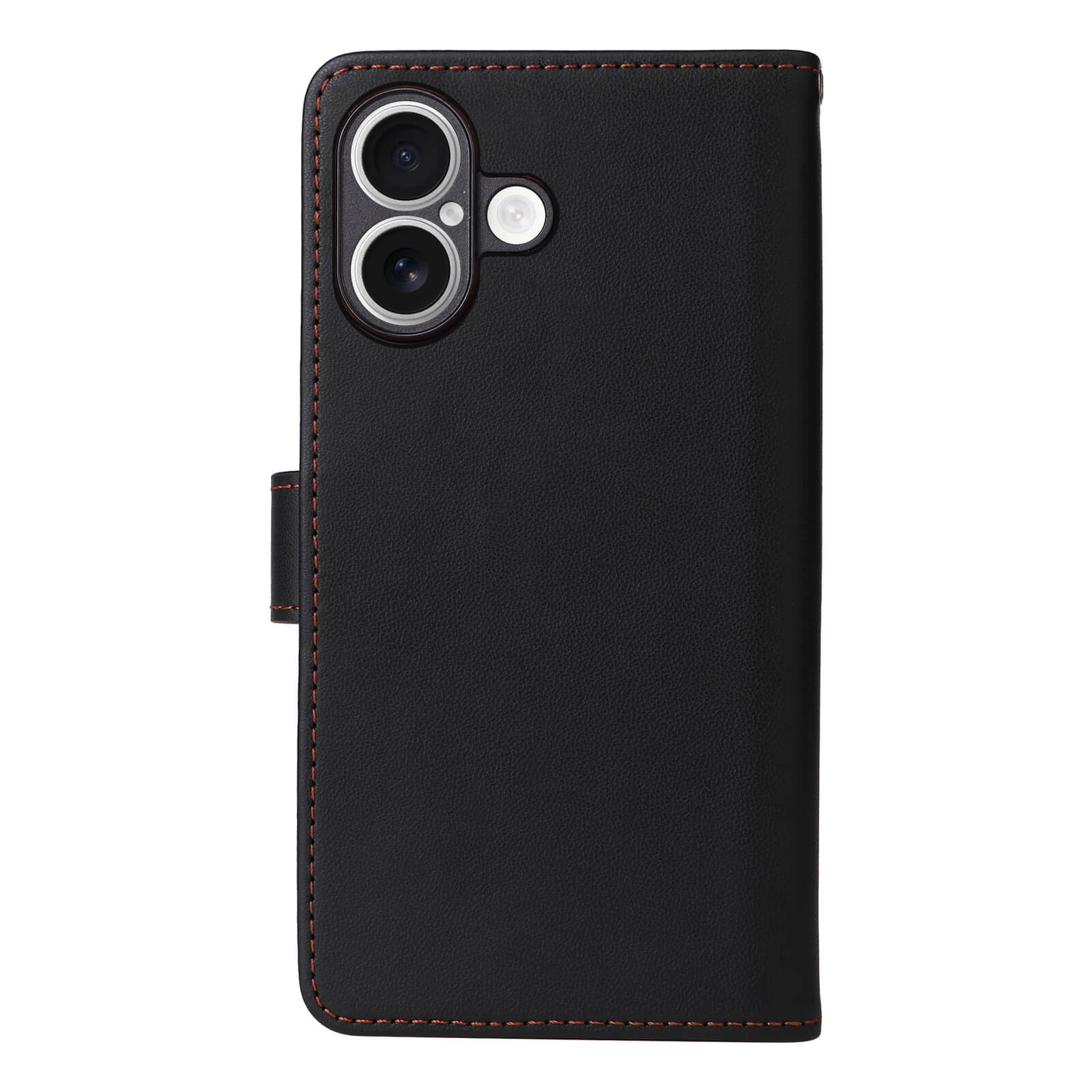 Die Cover-Discount iPhone 17 - Teilbare Brieftasche 2-in-1 Handyhülle besteht aus schwarzem Leder mit braunen Nähten und schützt die Dual-Kameras und den Blitz Ihres iPhone 17 optimal.