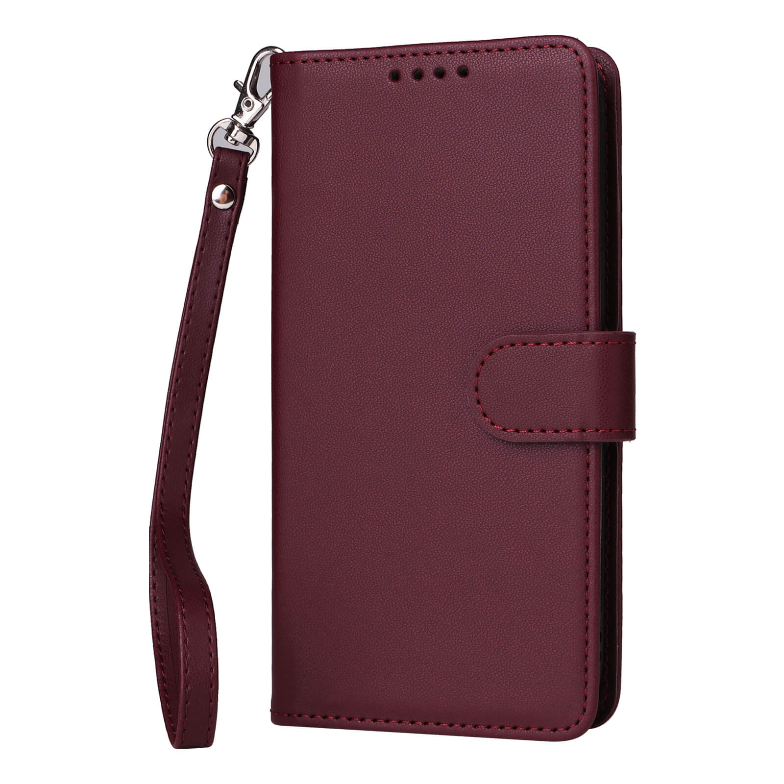 Elegante bordeauxrote Lederhülle für Smartphones mit handgenähtem Riemen und Druckknopfverschluss