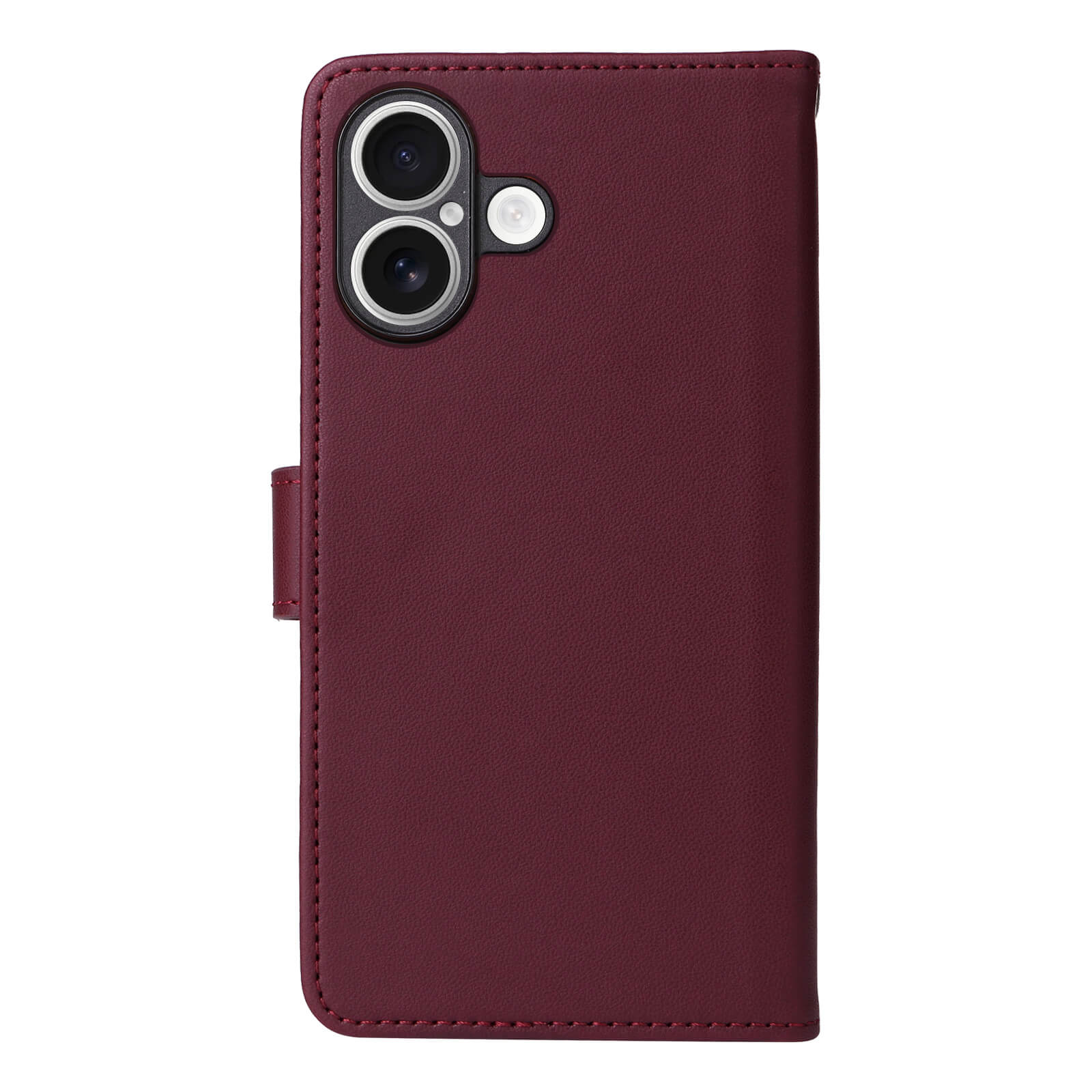 Bordeauxrote ZIZO Leder-Handyhülle mit sichtbaren Nähten, Aussparung für Doppelkamera und 12000mAh Batterieanzeige.