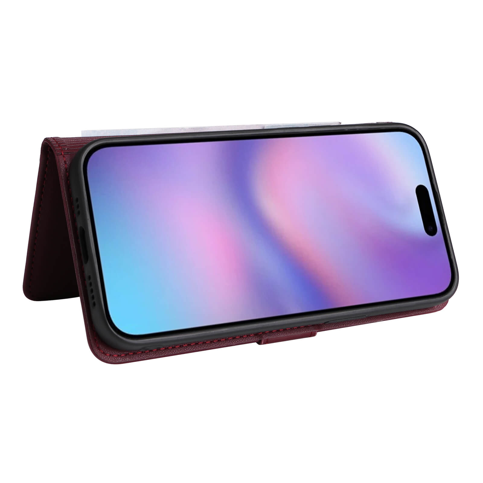 Moderner Smartphone-Bildschirm mit Farbverlauf, gehalten von einem bordeauxroten Leder-Folio-Case mit Nähten.