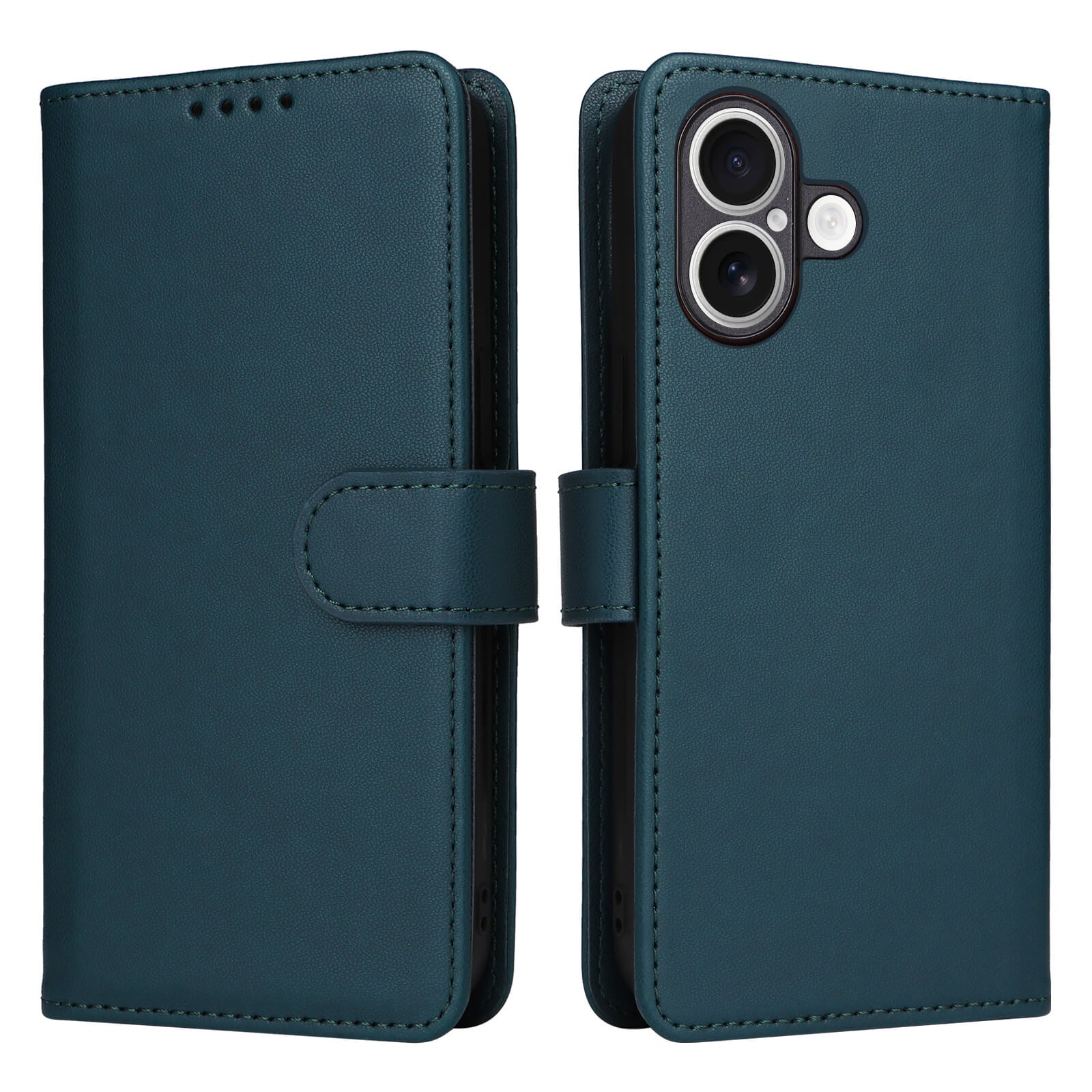 Elegante tealfarbene Lederhülle mit Brieftaschenfunktion für Handys, Magnetverschluss, Aussparungen für Kamera und Blitz.