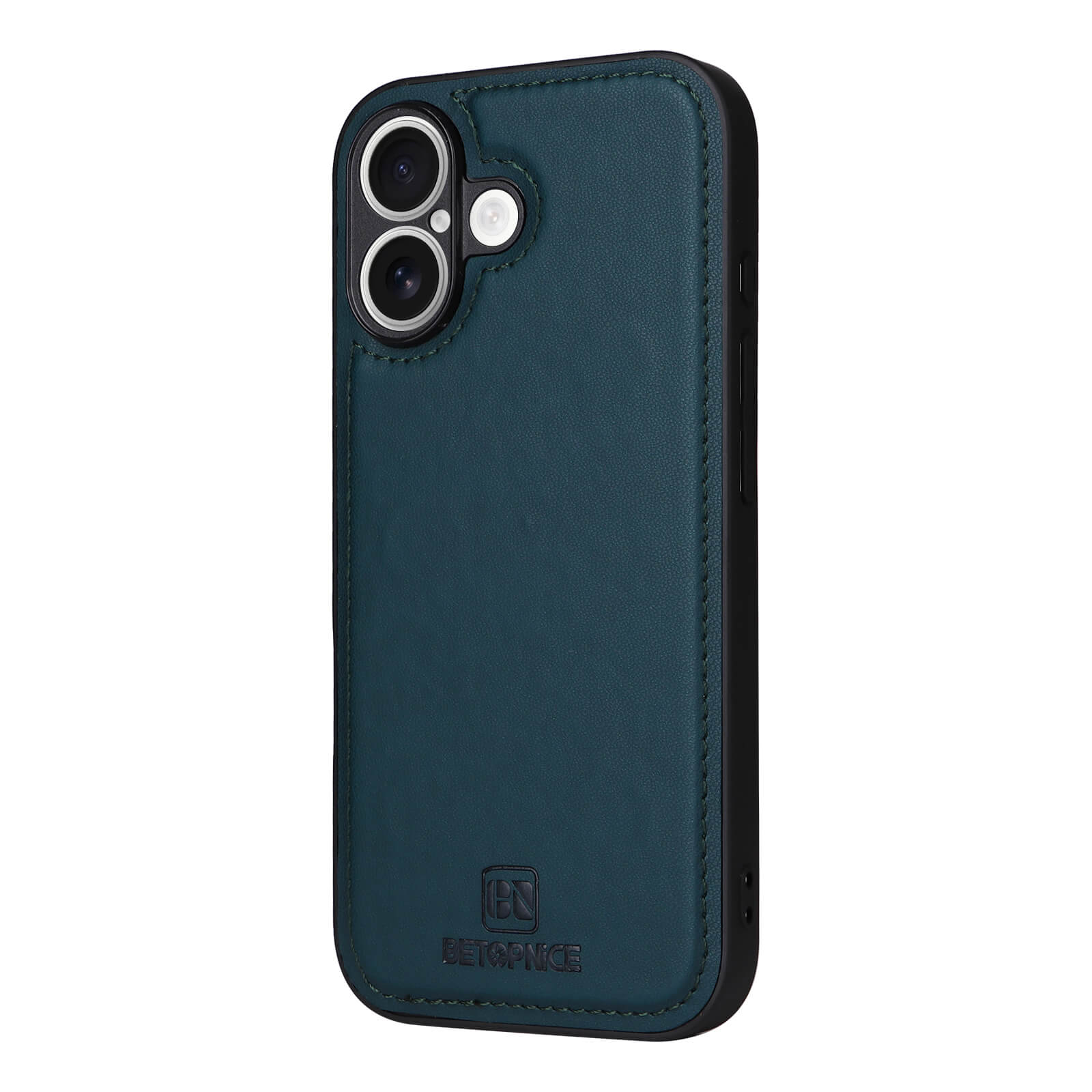 Smartphone mit türkisfarbener Lederhülle von BETOPNICE, feine Nahtdetails und Aussparungen für Kameras und Blitz.
