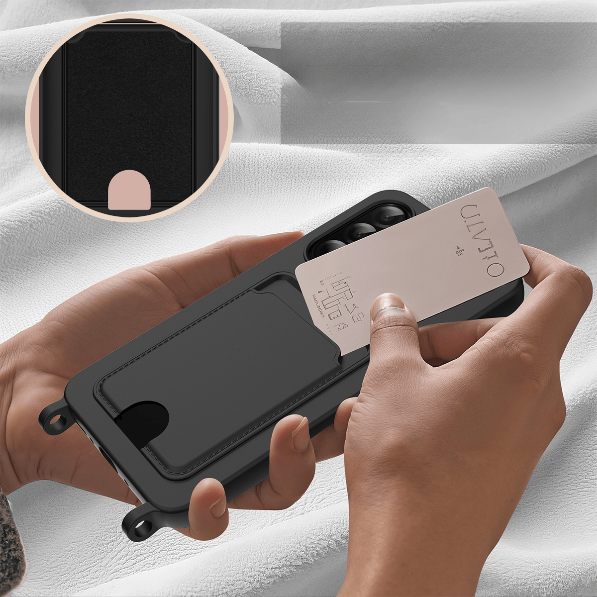 Galaxy A57 - Custodia in silicone liquido con portacarte e laccetto