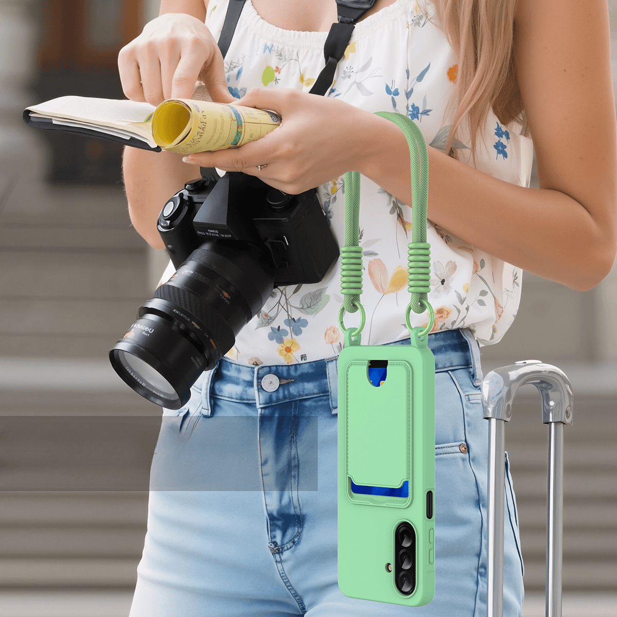 Galaxy A57 - Custodia in silicone liquido con portacarte e laccetto