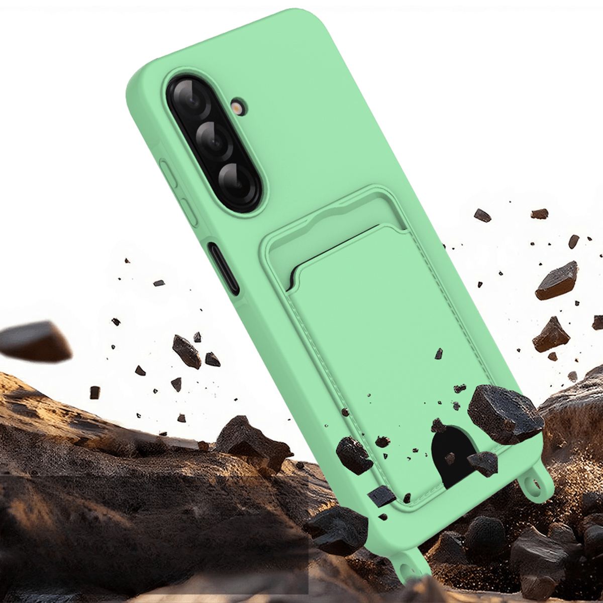 Galaxy A57 - Custodia in silicone liquido con portacarte e laccetto
