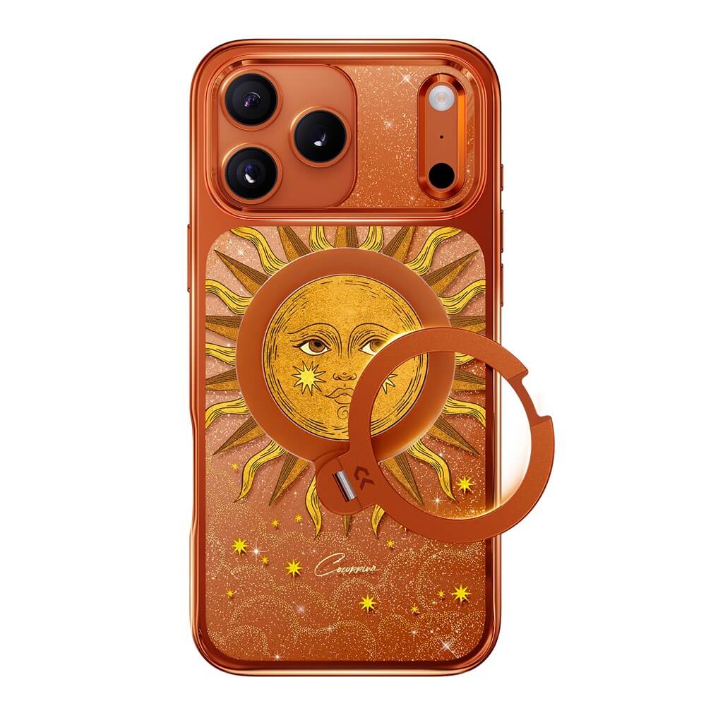 Die orangefarbene Handyhülle mit Sonnen- und Sternenmotiv von Cover-Discount für das iPhone 18 Pro / iPhone 17 Pro verfügt über einen zentralen, runden Ringständer.