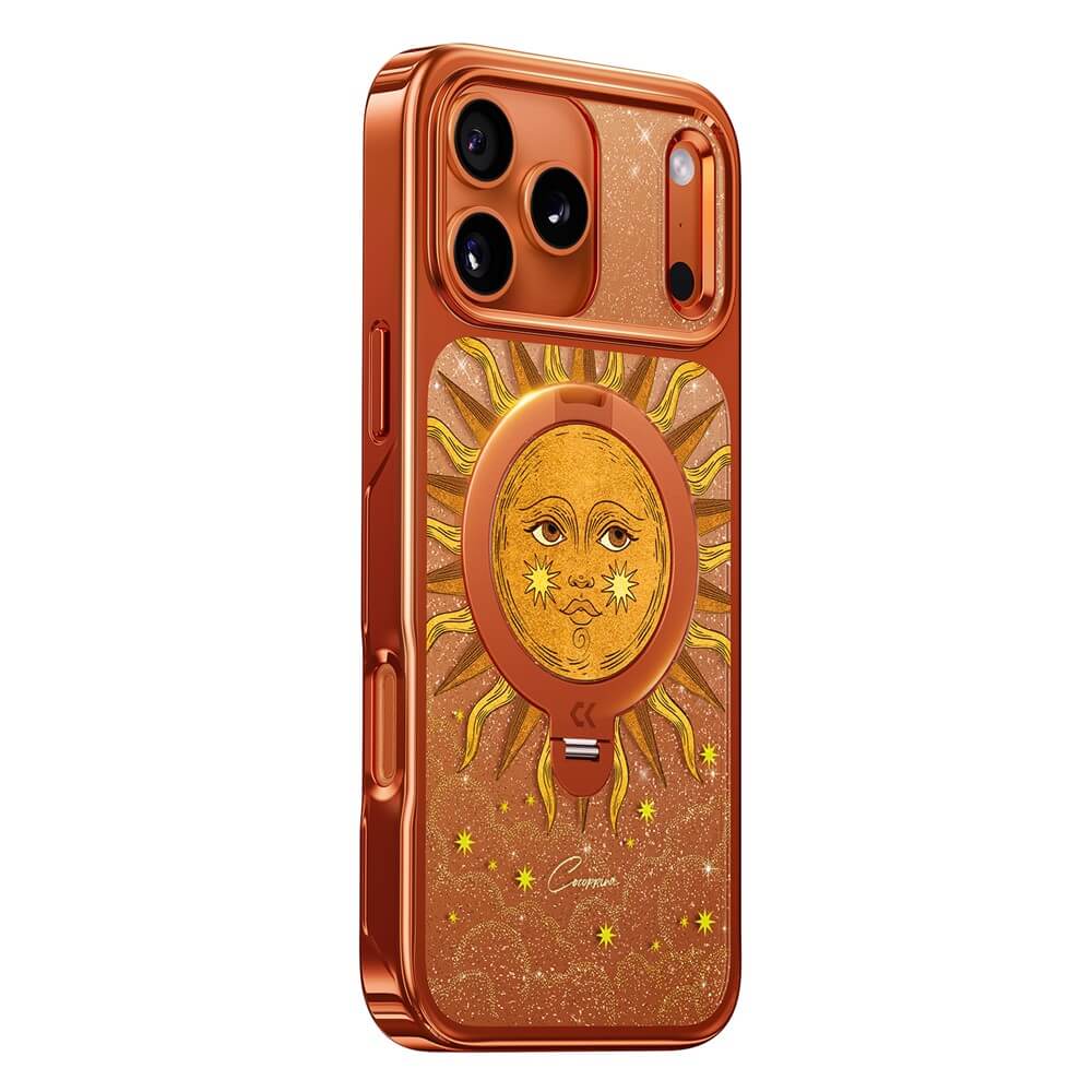 Hier ist der überarbeitete Satz unter Verwendung Ihrer Produktdaten: „Cover-Discount“-Hülle für das iPhone 18 Pro / iPhone 17 Pro mit orangefarbenem Design, einer Sonnenillustration, Sternen und einem runden Griff an der Rückseite.