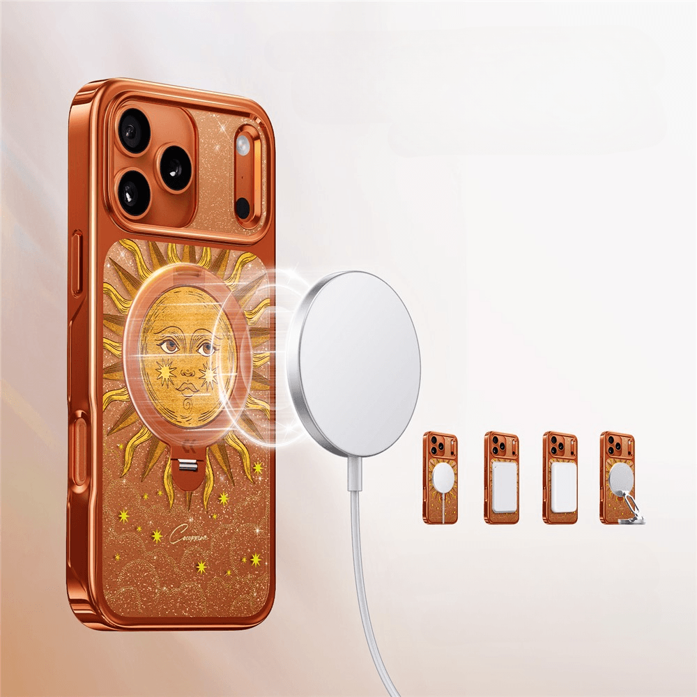 Orangefarbene „Cover-Discount“-Hülle für das iPhone 18 Pro / iPhone 17 Pro mit Sonnen- und Gesichtsmotiv, kompatibel mit MagSafe-Ladefunktion, aus vier verschiedenen Blickwinkeln abgebildet.