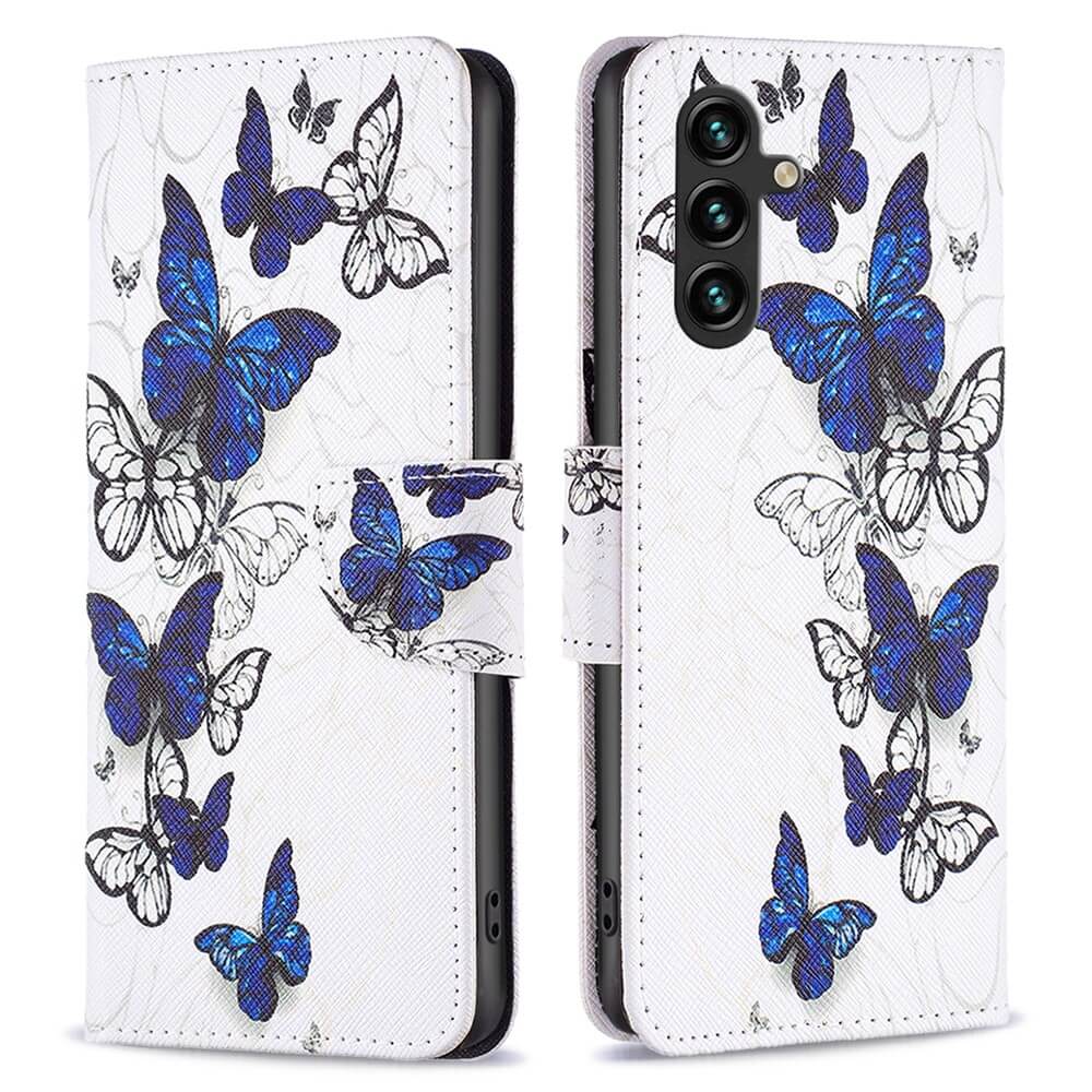 #farbe_weiss|Cover-Discount Galaxy A35 - Tasche Hülle Schmetterling: Stylische Schutzhülle mit blau-schwarzem Schmetterlingsdesign, abgebildet aus Front- und Rückansicht - perfekt für Motiv-Liebhaber.