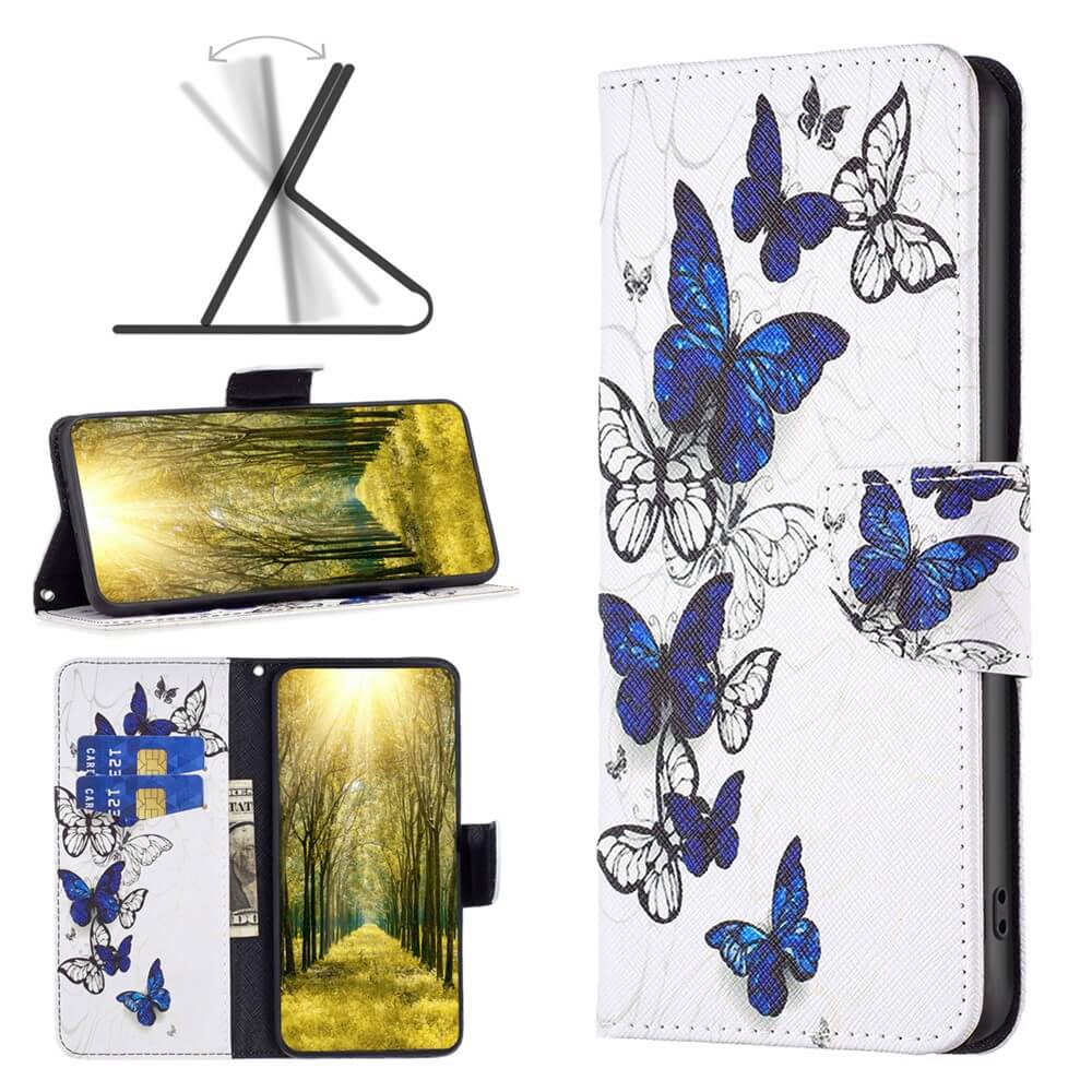 Die Cover-Discount Galaxy A35 - Tasche Hülle Schmetterling bietet weiße Eleganz mit blau-schwarzem Schmetterlingsmotiv, Standfunktion, Kartenfächern und Screen-Baumweg - stilvoller Schutz für Ihr Galaxy A35.