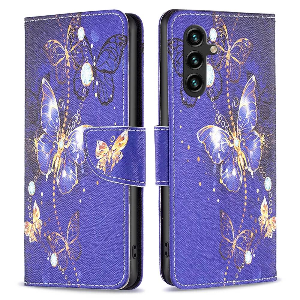 Die Cover-Discount Galaxy A35 Tasche Hülle Schmetterling zeigt ein Schmetterlingsdesign, hat einen magnetischen Verschluss und ist von vorne sowie hinten sichtbar.