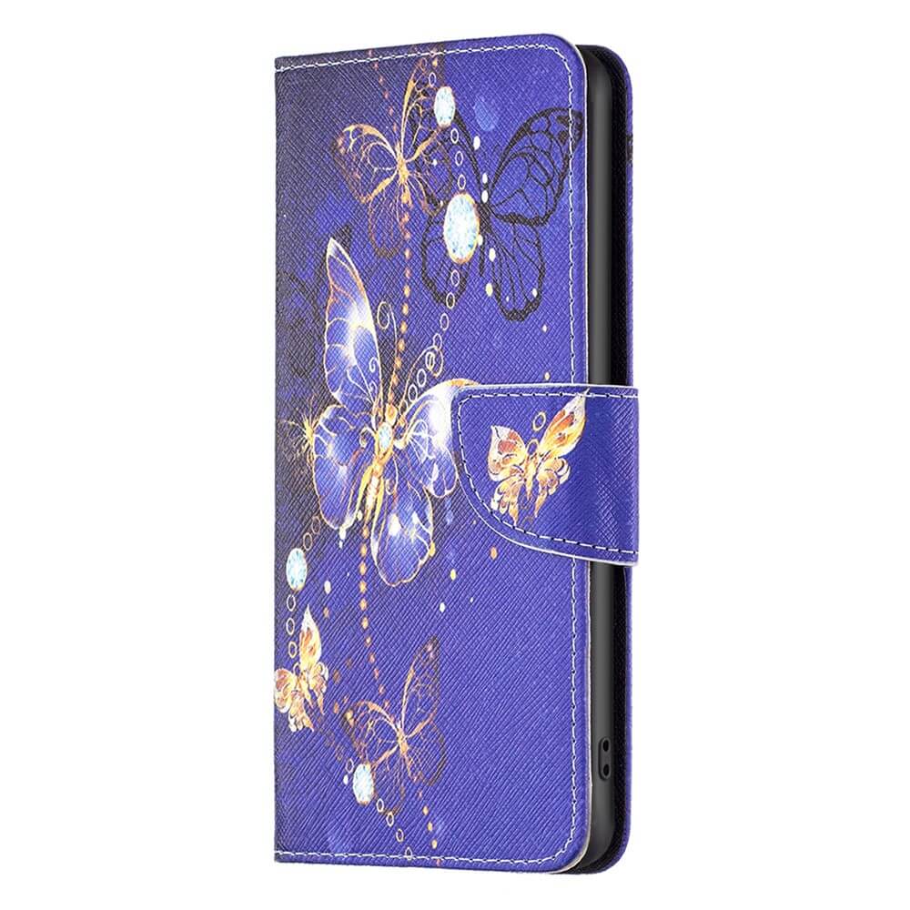 Die Galaxy A35 - Tasche Hülle Schmetterling von Cover-Discount verfügt über ein goldenes und blaues Schmetterlingsdesign, einen sicheren Magnetverschluss und einen stilvollen lila Schutz für Ihr Gerät.
