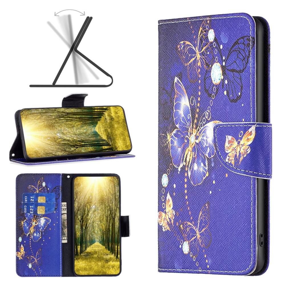 Diese Cover-Discount Galaxy A35 Tasche Hülle Schmetterling in Lila verfügt über ein Schmetterlingsdesign, Kartenfächer und einen Ständer - aus verschiedenen Blickwinkeln betrachtet.