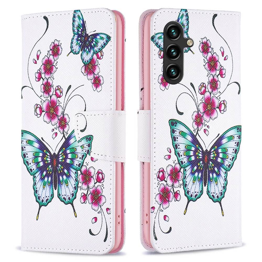 Die Galaxy A35 Tasche Hülle Schmetterling von Cover-Discount zeigt bunte Schmetterlinge und rosa Kirschblüten auf weißem Hintergrund - ein farbenfroher Schutz für dein pinkes Smartphone.