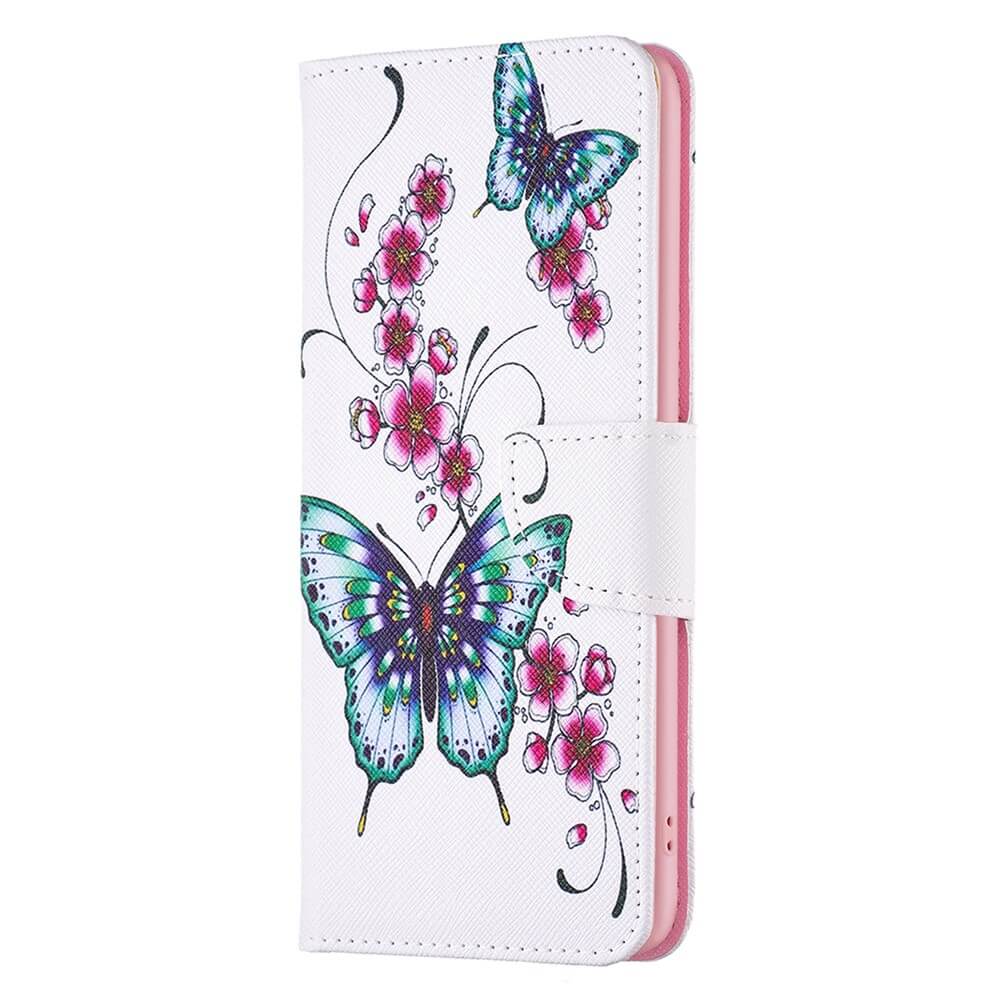Stylische Galaxy A35 Tasche Hülle Schmetterling von Cover-Discount: Weißes Case mit pinken Blumen, zwei bunten Schmetterlingen, Magnetverschluss und pinken Rändern - idealer Schutz und charmantes Design für dein Gerät.