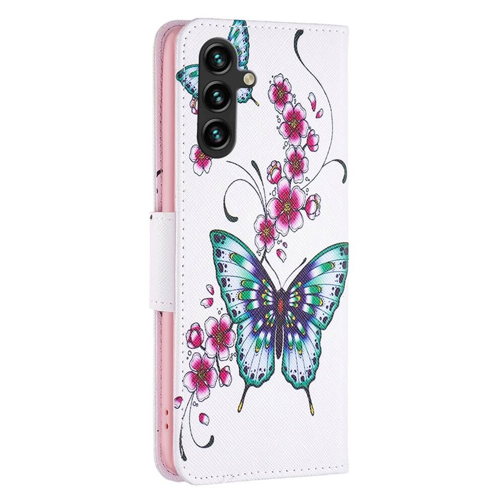 Die Cover-Discount Galaxy A35 Tasche Hülle Schmetterling zeigt blaue Schmetterlinge und rosa Kirschblüten und bietet stilvollen Schutz.