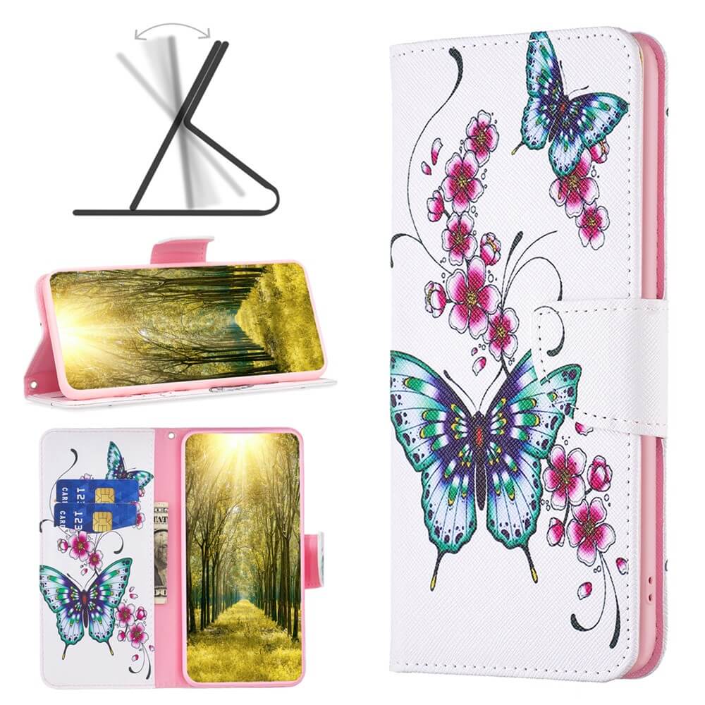 Die Cover-Discount Galaxy A35 - Tasche Hülle Schmetterling bietet eine weiße Brieftasche mit blauen Schmetterlingen und rosa Blumen, Kartenfächer, vollen Schutz und Standfunktion. Ideale Ledertasche für Ihr Galaxy A35.