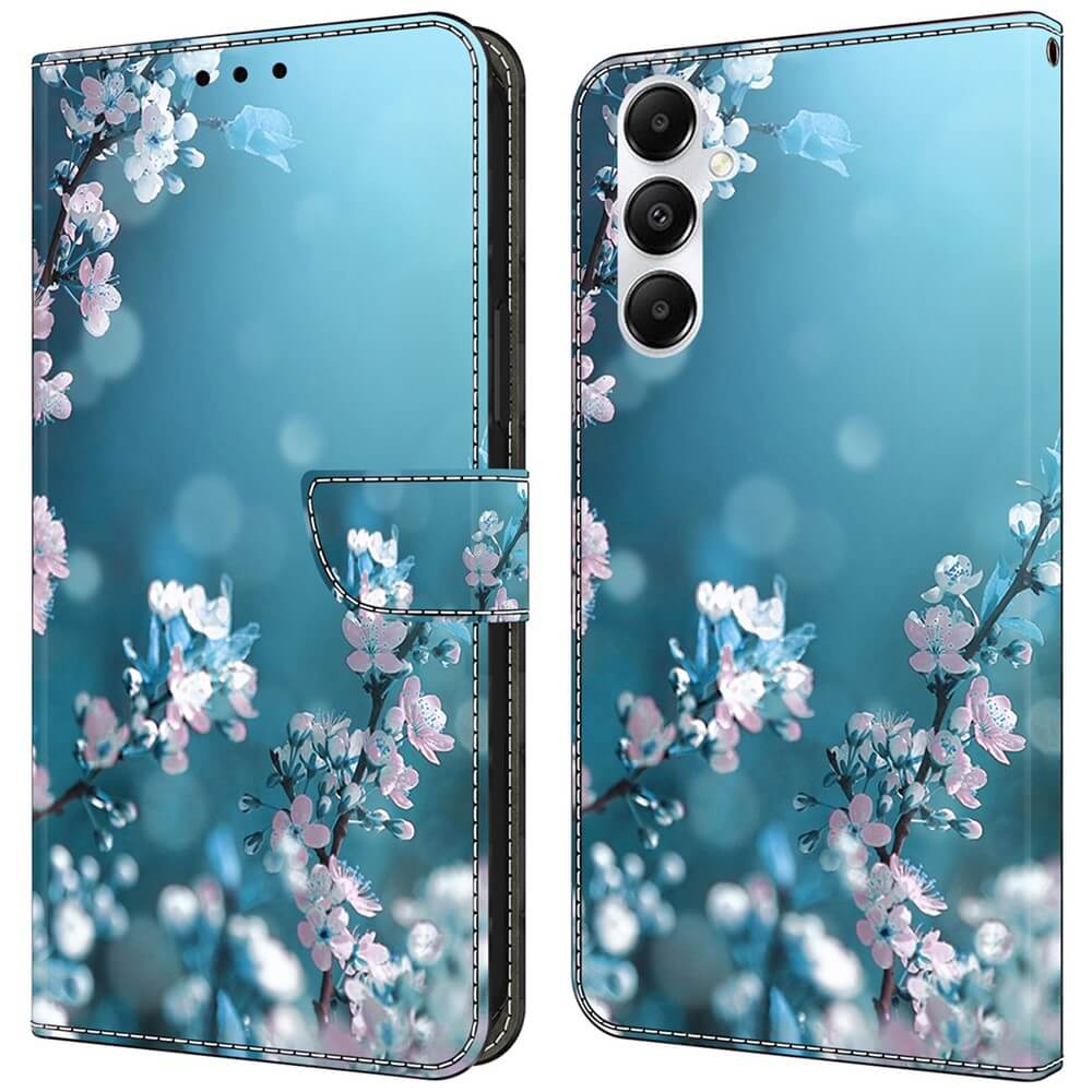 Cover-Discount Galaxy A35 - 3D-Effekt Hülle Etui: Blaue Handyhülle mit rosafarbenem Kirschblütendesign, Schmetterlingsakzenten und einem verschwommenen blauen Hintergrund.