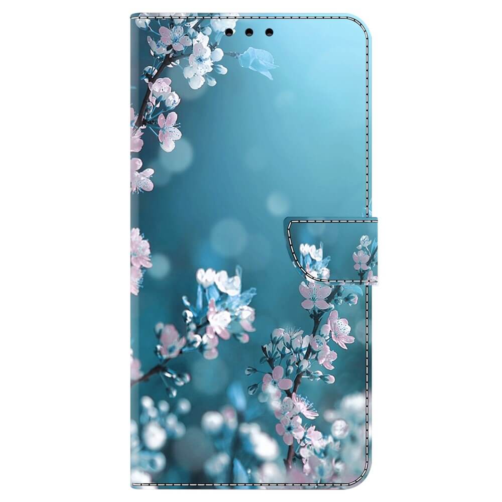 Das Cover-Discount Galaxy A35 - 3D-Effekt Hülle Etui zeigt einen blauen Hintergrund mit rosa Kirschblüten im Weichzeichner für einen stilvollen Look.