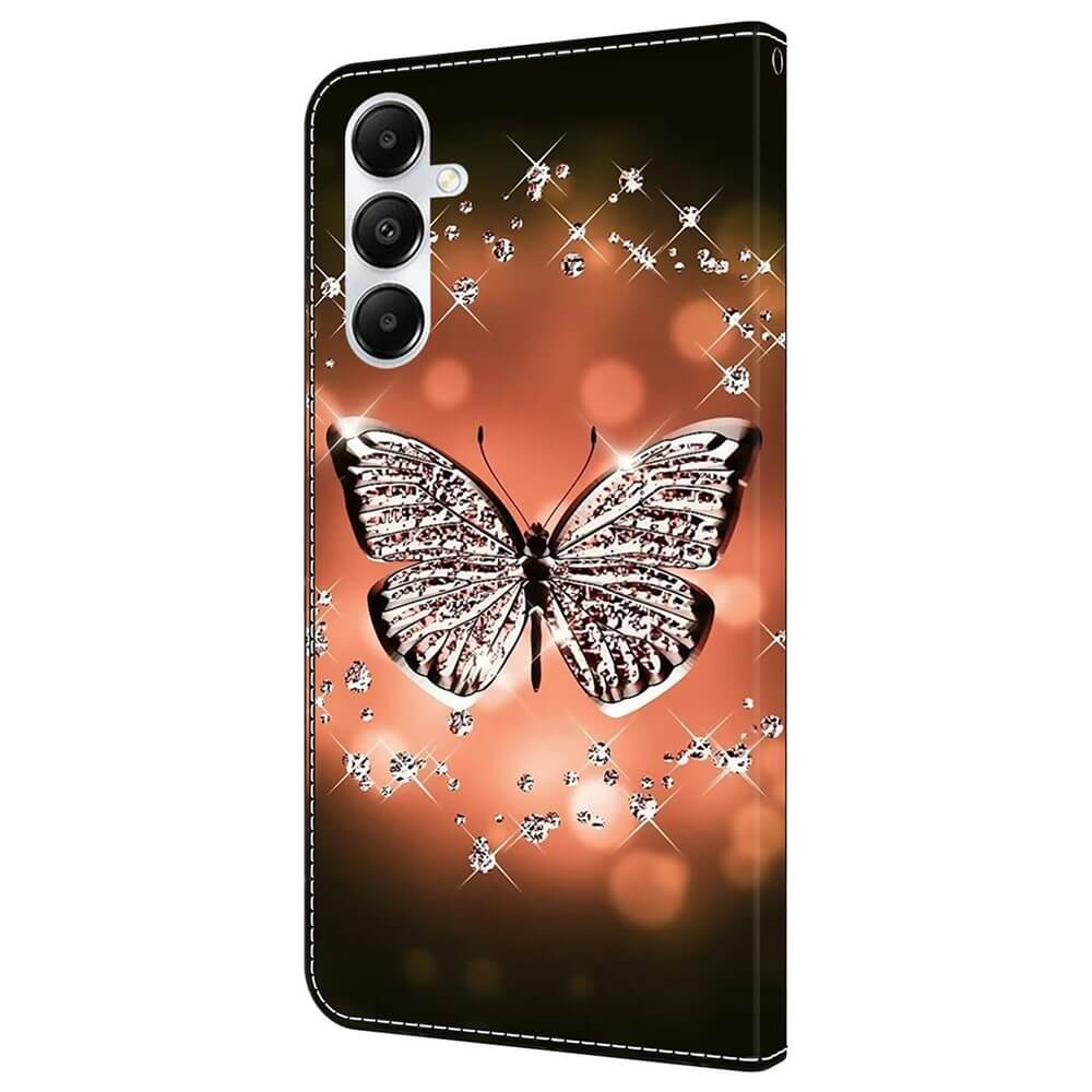 Mit dem Cover-Discount Galaxy A35 - 3D-Effekt Hülle Etui, das mit einem atemberaubenden Schmetterlingsdesign, Glitzerakzenten und einem sanften orangefarbenen Bokeh-Hintergrund aufwartet, verleihen Sie der Hülle einen Hauch von Glanz.