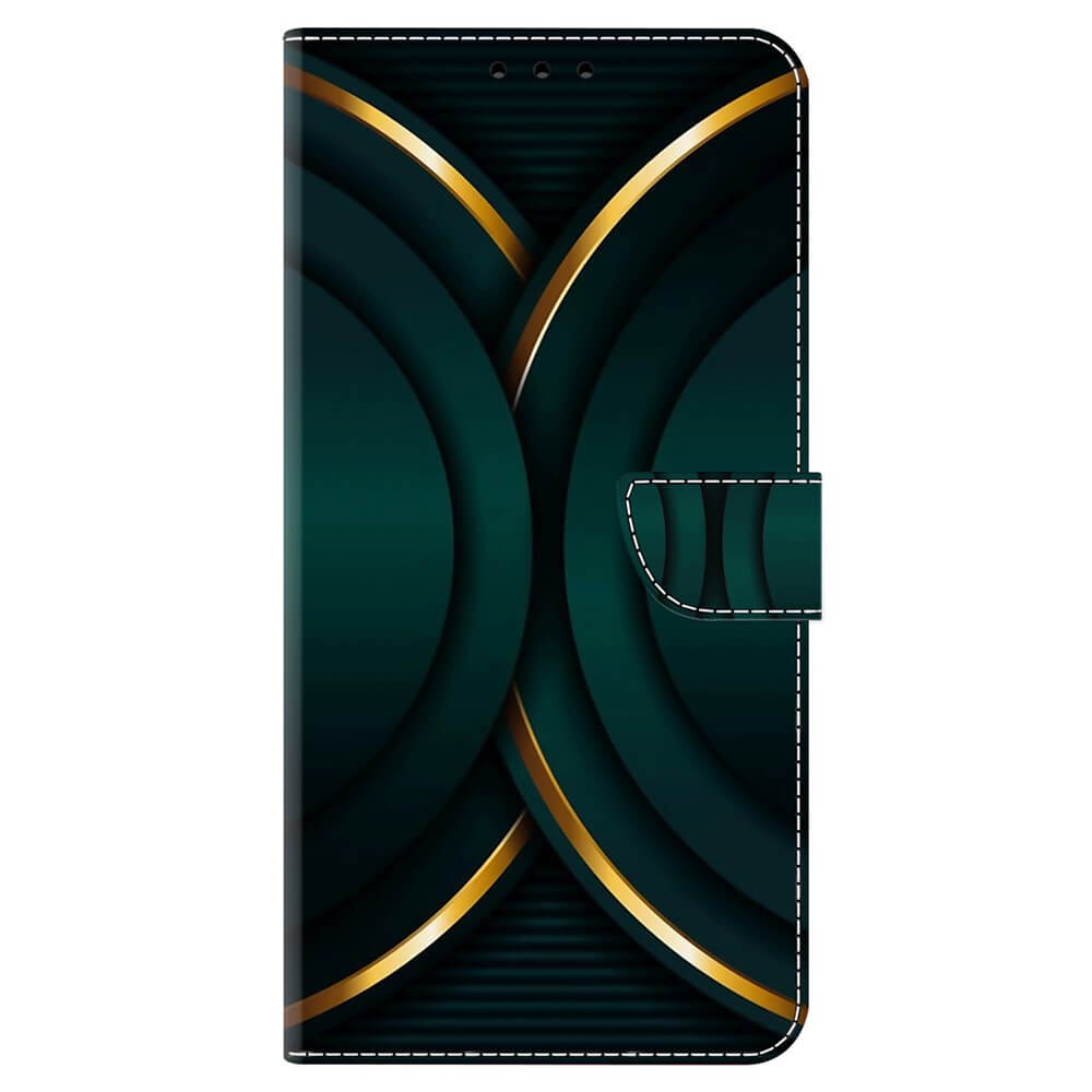 Das Cover-Discount Galaxy A35 - 3D-Effekt Hülle Etui in dunkelgrün verfügt über ein geometrisches Muster, goldene geschwungene Akzente, abgesteppte Ränder und einen Verschluss - gefertigt als Premium Lederetui.