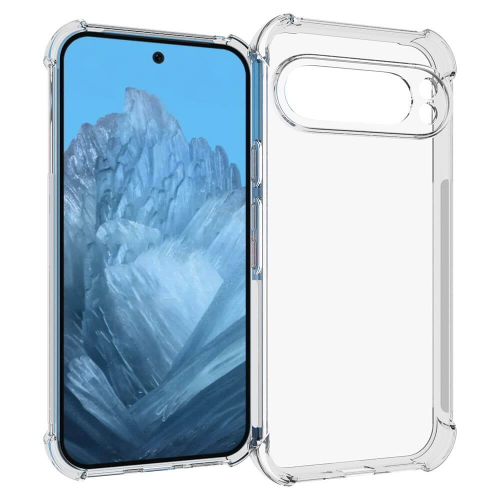 Das Cover-Discount Google Pixel 9 / 9 Pro Drop Protection Silikon Case aus strapazierfähigem TPU-Material wird neben einem Smartphone mit Berg-Hintergrundbild gezeigt, was seinen zuverlässigen Fallschutz hervorhebt.