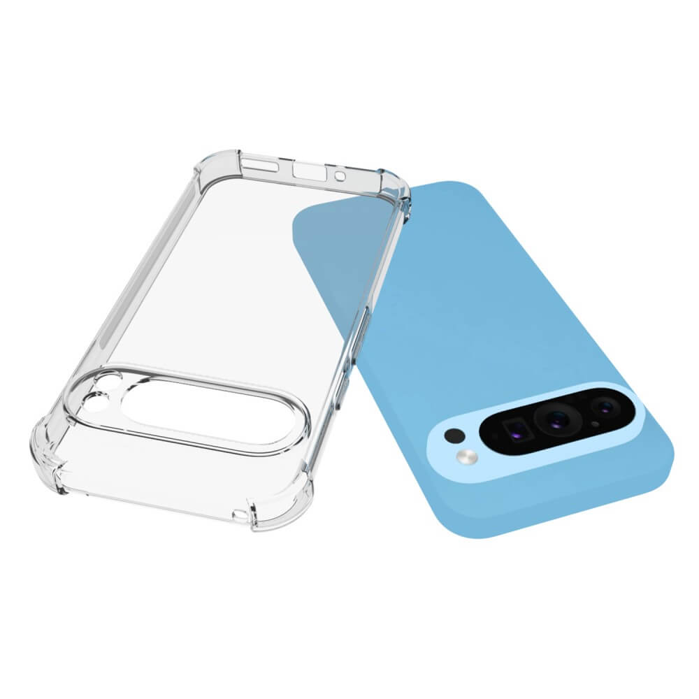 Das Silikon-Fallschutzcase von Cover-Discount für Google Pixel 9/9 Pro ist in transparentem TPU auf weißem Hintergrund abgebildet, gepaart mit einem blauen Telefon mit drei Kameras auf der Rückseite für Stil und Schutz.