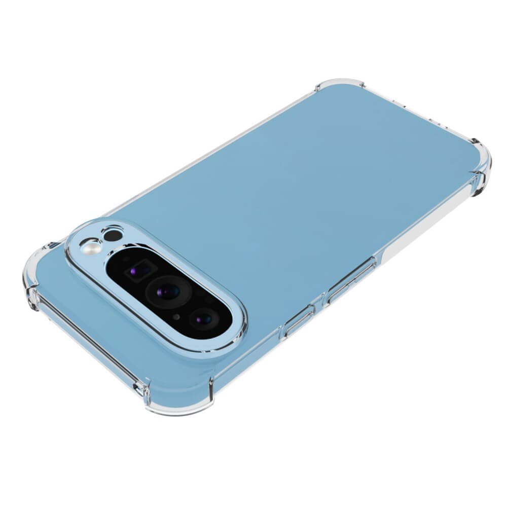 Das Cover-Discount Drop Protection Silikon Case für Google Pixel 9/9 Pro ist eine durchsichtige TPU-Hülle, die Ihr blaues Smartphone schützt und seine dreifachen Rückkameras zeigt.