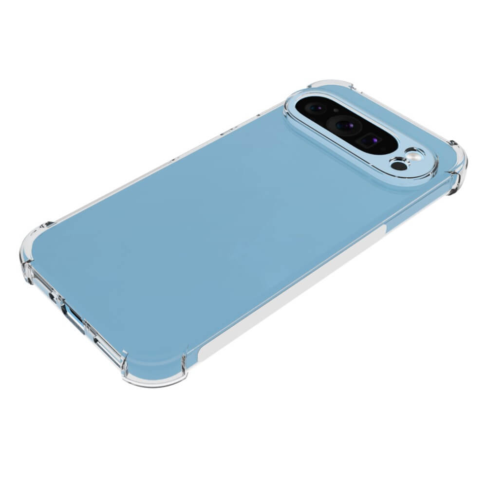 Ein Google Pixel 9 / 9 Pro in einem hellblauen Drop Protection Silikon Case mit klaren Kanten von Cover-Discount, leicht schräg von der Rückseite betrachtet.