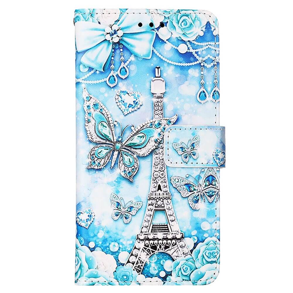 Die Cover-Discount Galaxy A35 - Tasche Hülle mit Motiv zeigt Eiffelturm, Schmetterlinge, Rosen, Juwelen und eine Schleife im funkelnden Design sowie praktische Kartenfächer.