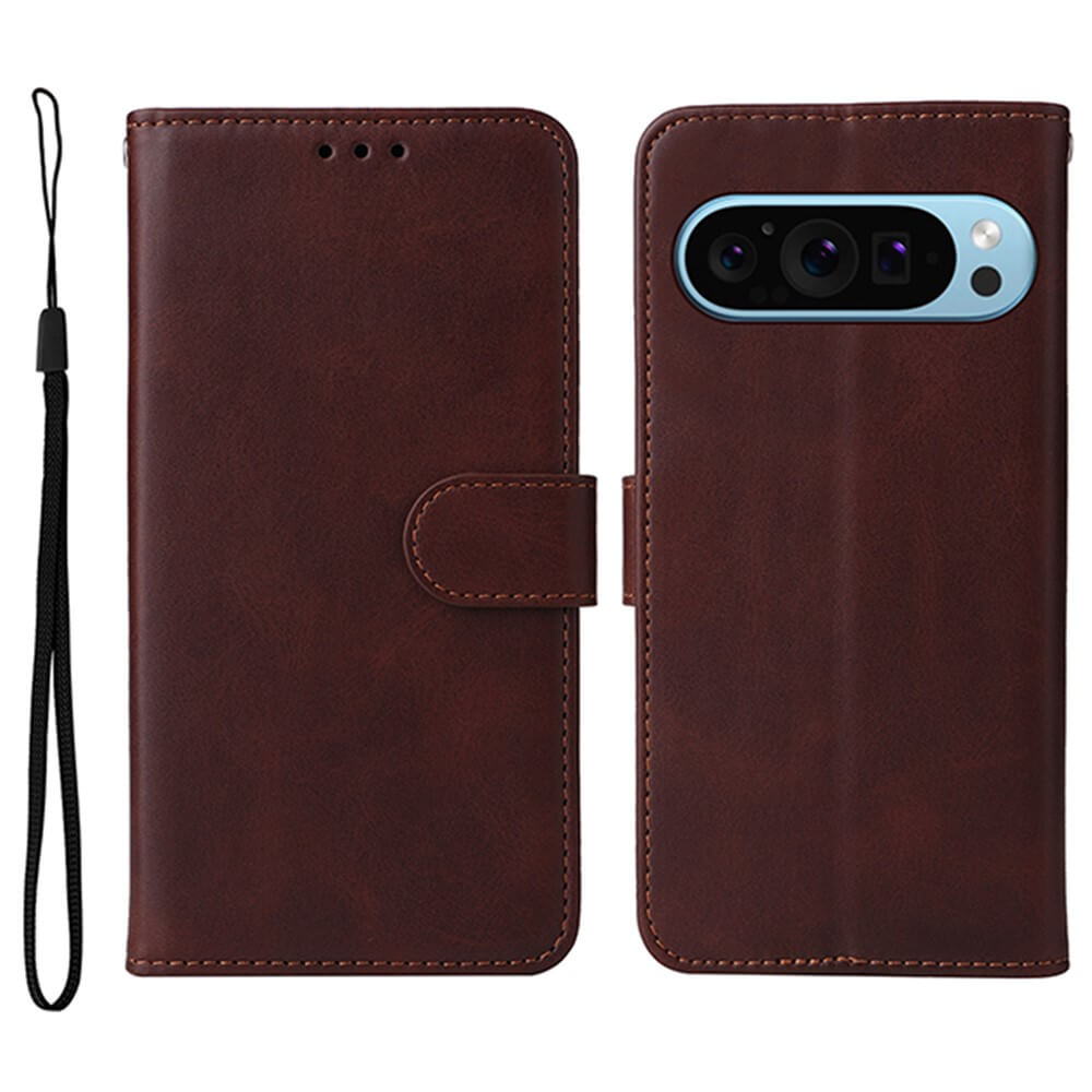 #farbe_braun|Braune Leder-Handyhülle im Brieftaschenstil mit Verschlussklappe und schwarzem Handgelenkband, Vorder- und Rückseite sichtbar