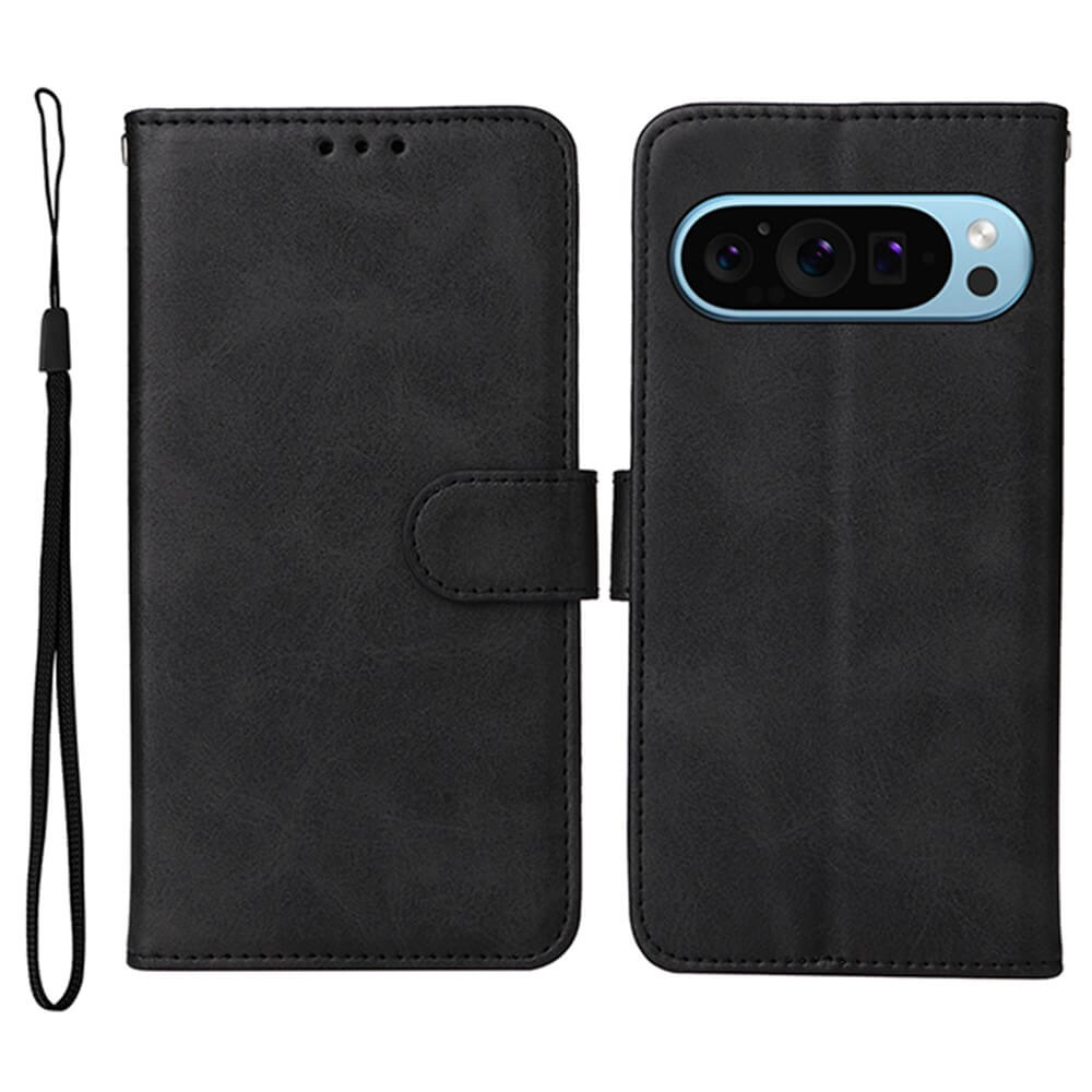 Schwarzes Leder-Wallet-Case mit drei Kameralinsen, blauem Rahmen und schwarzem Armband für Schutz und Stil.